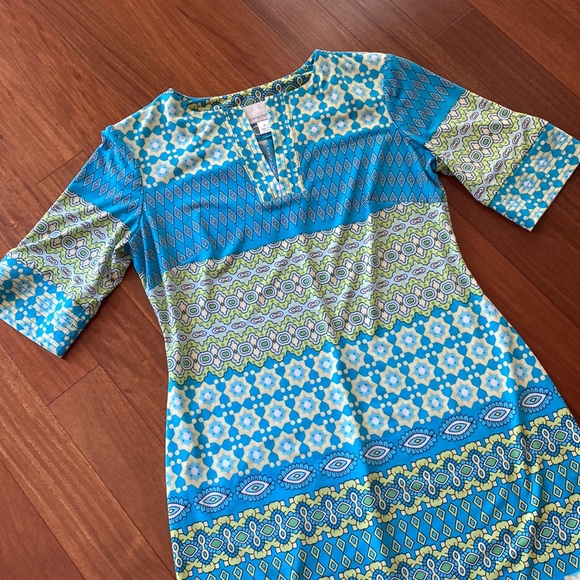 Donna Morgan Blue Green Yellow Retro Stretch Geometric Shift Dress - Sz 4 - Picture 6 of 14